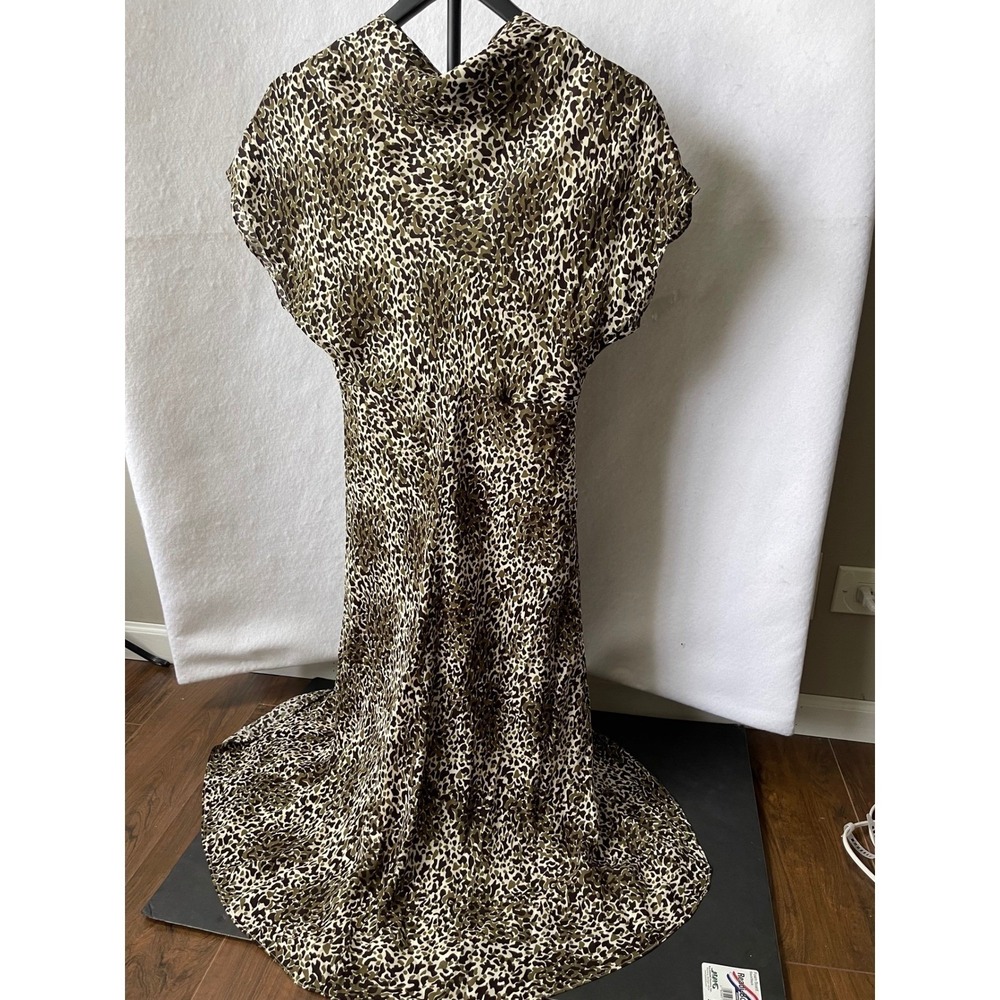 Olive Leopard Print Cowl Neck Midi Dress Viscose Bias Cut Cap Sleeve LW415563MI